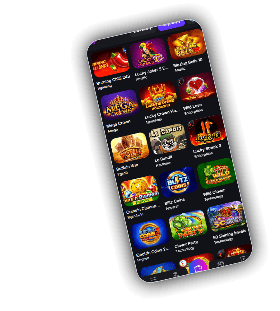 Πλέγμα slots του Zeppelin σε κινητό με Burning Chilli 243 της Bgaming, Lucky Joker 5 Extra Gifts και Blazing Bells 10 της Amatic, Mega Crown της Amigo, Lucky Crown Hold and Win και Coins n Diamonds Fortune της 1spin4win, Wild Love και Lucky Streak 3 της Endorphina, Buffalo Win της Pgsoft, Le Bandit της Hacksaw, Blitz Coins της Apparat, Wild Clover, Clover Party και 50 Shining Jewels της Technology και Electric Coins 2 της Fugaso